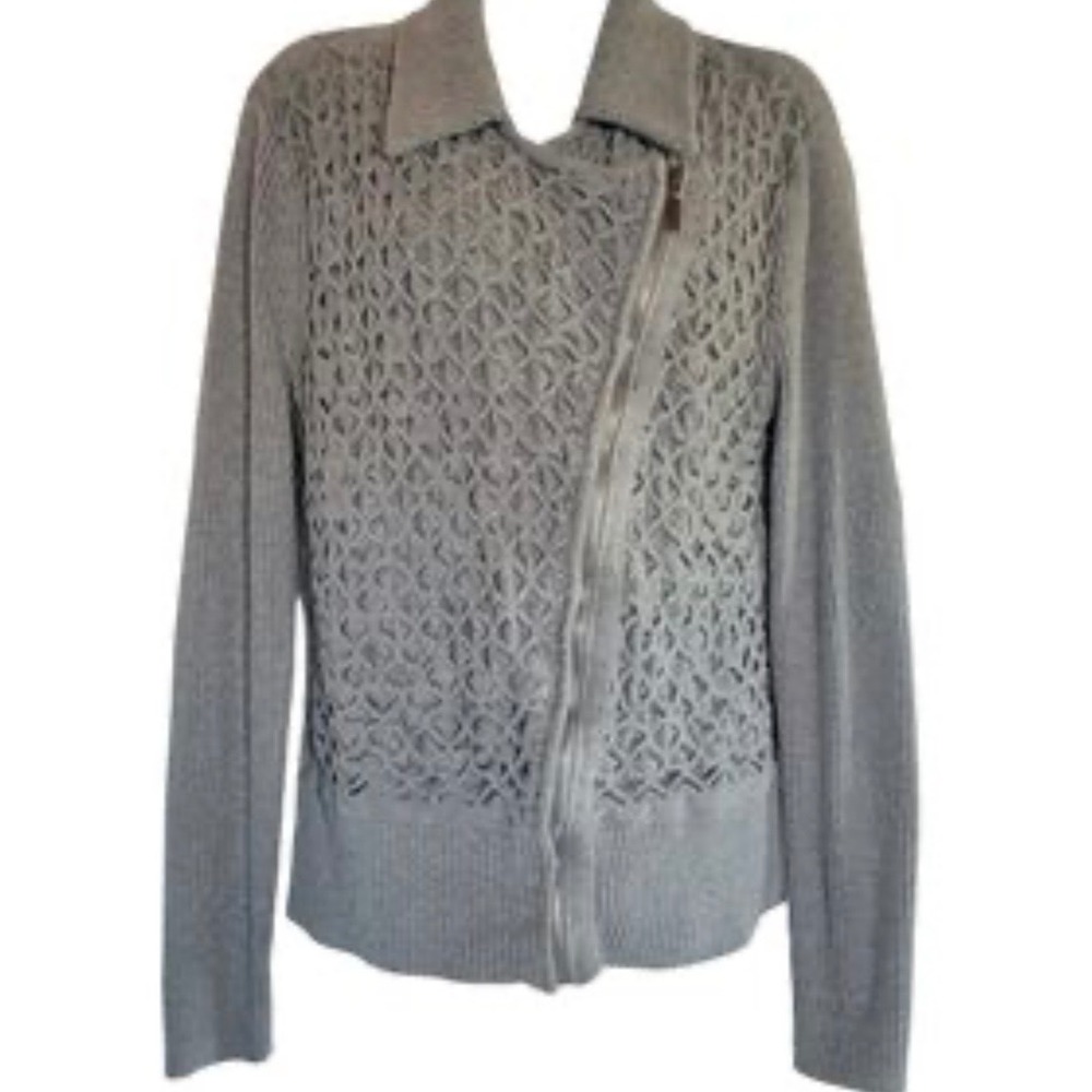White House Black Market Gray Moto Zip Honeycomb Knit Cardigan Sweater Womens M